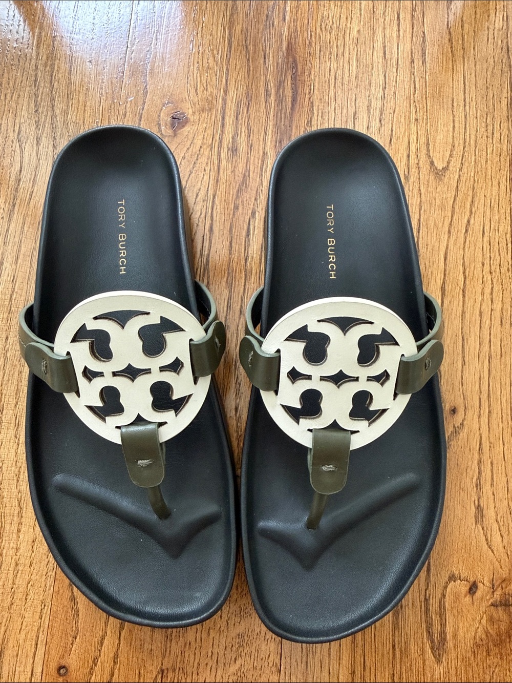 NEW Tory Burch Miller Cloud Black Slide Sandals Olive Straps and Cream Logo 7